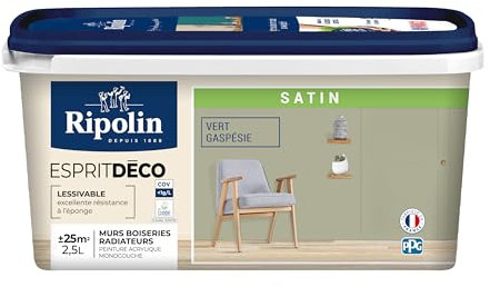 RIPOLIN - Peinture Intérieure Multi-Supports – Murs, Boiseries & Radiateurs – Ultra-Couvrante – Lessivable – Application Facile – Ecolabel - Satin - 2,5L - Vert Gaspesie