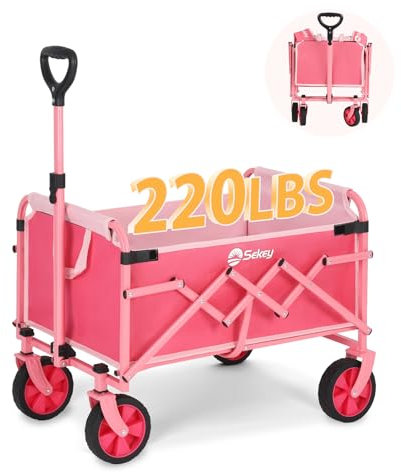 Sekey Festival Trolley 100L Lightweight Folding Camping Wagon - 220LBS Capacity, All-Terrain Wheels, Heavy Duty Collapsible Beach Cart for Grocery, Outdoor & Shopping - Pink