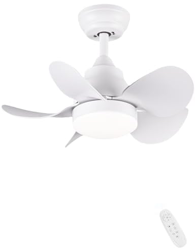 CJOY 56cm Ventilatore da Soffitto Inclinabile, Piccolo Ventilatore da Soffitto con Luce e Telecomando, 3 CCT LED Dimmerabili, 5 Pale CC Reversibile, Silenzioso a 6 Velocità, Camera dei Bambini, Bianco