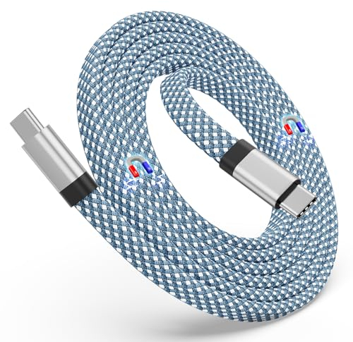 Magtame USB C Cable, Magnetic 60W(3A) 5ft Coiled Flat Nylon Braided Type C Fast Charging Cable for USB C Devices, Samsung Galaxy, Blue