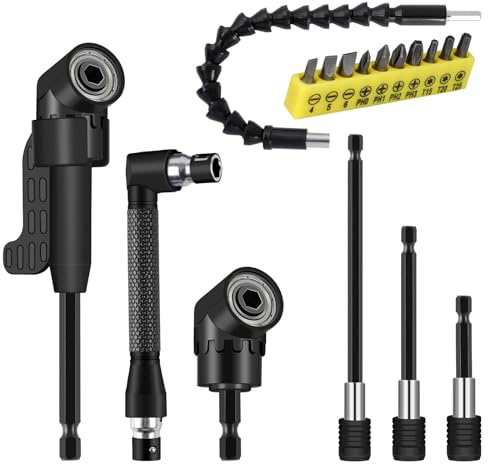 17 Stück flexible Bohrerverlängerung, inklusive 2 Stück Sechskantschaft, 105° rechtwinkliger Bohreraufsatz, 3 Stück Bohrerhalter, 10 kurze Schraubendreher-Bits, 90° abgewinkelte Bits und biegbare