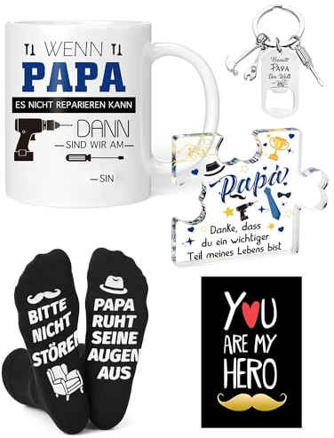 Papa Geschenk, Bester Papa Geschenk, Vatertagsgeschenk Papa Tasse Geschenk Set mit Acryl Block Puzzle Papa Socken Schlüsselanhänger Geschenke, Geschenke für Papa Geburtstag Geschenk Vatertag