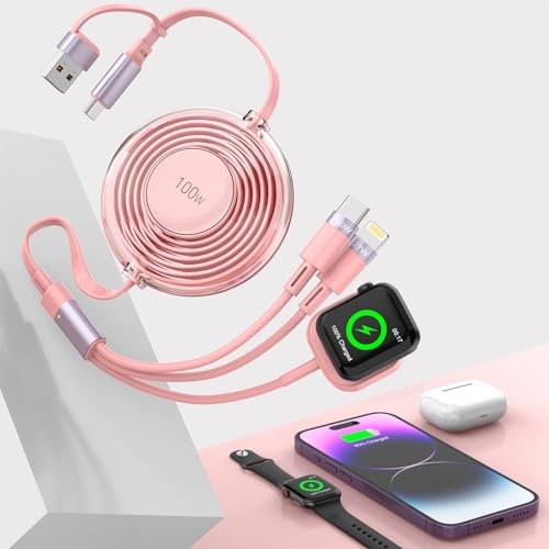 100W Retractable Multi 5-in-1 USB A/Type C to Lightning+USB C+A pple Smart Watch Charger Cable,Travel Fast Charge Cord Combo for iWatch Series9 8 7 6 5 4 3 2 SE/iPhone 15 14 13 12 11/iPad/Samsung—Pink