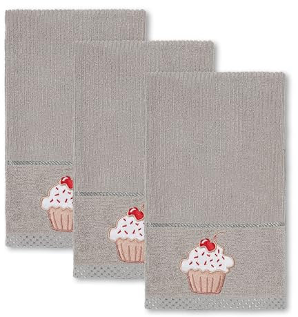 La Maison Woven Embroidered Tea Towels Pack of 3 Large 40 x 70cm Super Absorbent Housewarming Gifts 4 Styles Cotton Rich (Grey, Cupcake)