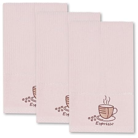 La Maison Woven Embroidered Tea Towels Pack of 3 Large 40 x 70cm Super Absorbent Housewarming Gifts 4 Styles Cotton Rich (Pink, Espresso)