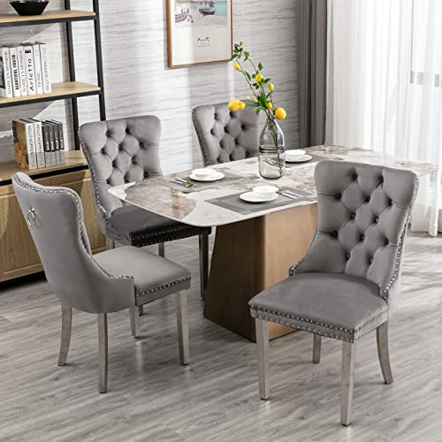 HomeTouch Luxury Velvet Kitchen Dining Chairs with Chrome Steel Legs Set of 4 Upholstered Knocker Wing Back Chairs for Dining Room, Hand Made (4, GreySteel)