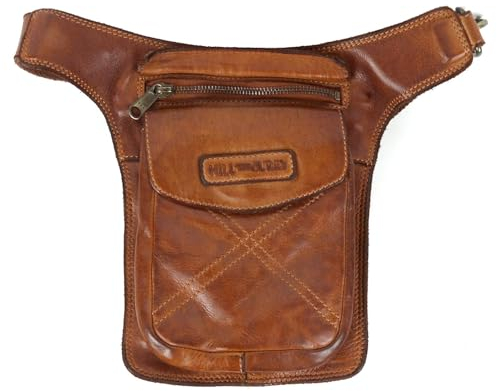 HILL BURRY • Unisex Brusttasche aus Leder Crossbody Bag Biker Tasche Ledertasche HB3113 (Cognac aus Waschleder)