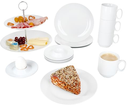 MamboCat Tommy 13tlg Etageren-Frühstücksset I 1x 2-stöckige Etagere 4x Kaffeebecher 220ml, 4x Eierbecher & 4x Kuchenteller I weißes Porzellan-Geschirr für 4 Personen