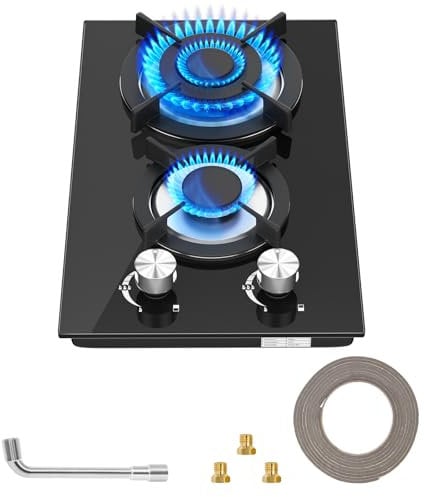 Placa de gas de 2 quemadores, placa de gas de vidrio negro integrada con protección contra llamas, placa de gas con soportes de hierro fundido, convertibles de NG/LPG