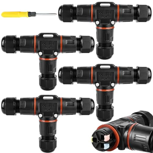 Lot de 4 connecteurs de câble à 3 broches étanches IP68 - En forme de T - Étanche - 3 broches - Pour câble de 3 à 12 mm de diamètre - Boîte de jonction étanche à 2 voies - Pour jardin, extérieur