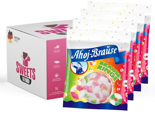 Ahoj-Brause Variationen im Set | 4x150g bis 5x150g | Fruchtgummi Ringe, Kaubonbons, Bonbons, Cola Mix, Fritten | Ahoj Klassiker (Brauseringe 4x 150g)