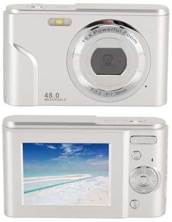 Digitalkamera, FHD 1080P Kinderkamera mit 2,4-Zoll-IPS-Bildschirm, 16-fachem Zoom Anti-Shake, 48 MP Kompakte Tragbare Kleine Point-Shoot-Kamera für Kinder Teenager Mädchen