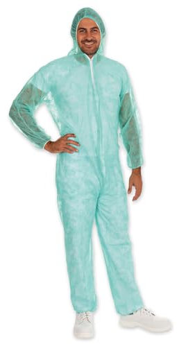 FRANZ MENSCH 50 Stück Hygonorm Overalls Light mit Kapuze | PP, grün, XL, Karton, Einweg Overall, Hygienebekleidung, Schutzanzug