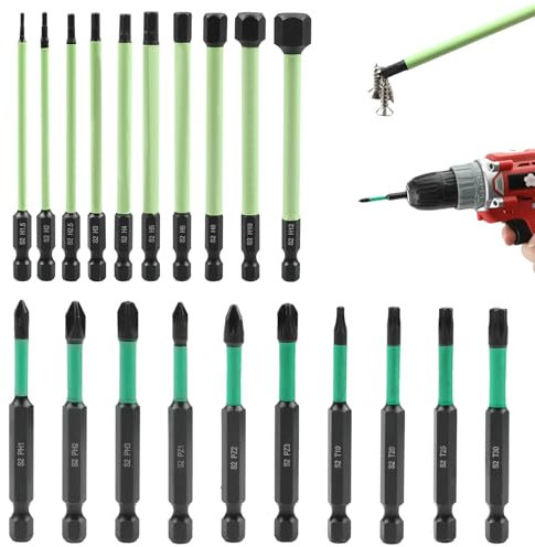 20 Piezas Puntas Atornillador Imantadas Kit, Juego Puntas Destornillador Hexagonal de 1/4 Pulgadas, Puntas Hexagonales para Atornillador de Impacto de Acero S2, para Atornilladores Eléctricos (verde)