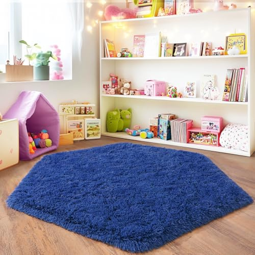 Quntue Blauer sechseckiger Teppich für Schlafzimmer, ultraweicher, flauschiger sechseckiger Teppich für Kinderzimmer, niedlicher Zottelteppich für Jungen-Mädchenzimmer, flauschiger Plüschteppich für