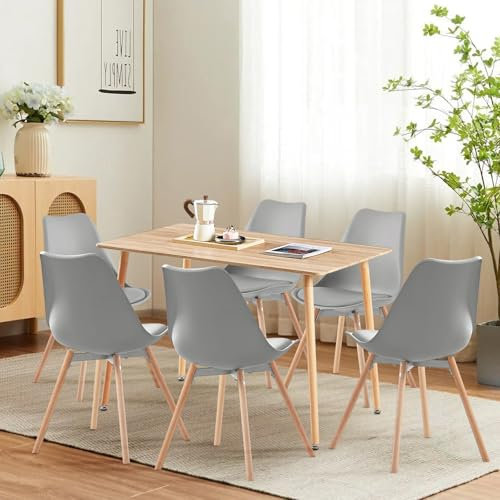 FURNITABLE Esszimmergruppe mit 6 Stühle, Rechteckig 110CM Küchentisch und 6er Set Esszimmerstühle Essgruppe für Küche Esszimmer Büro Wohnzimmer (Eiche Tisch+6 Grau Stühlen)