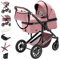 Daliya® FLEXI-PRO M 2in1 Kombikinderwagen & Buggy – XXL-Set, Reise-Kinderwagen mit Einhand-Abnahme, Wetterschutz, Sportsitz, Wickeltasche, Spieltisch, Regenschutz, dicke Matratze (Rosa Leinen)
