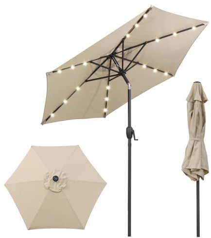 COSTWAY 2.3M/2.7M Lighted Garden Parasol, Outdoor Heavy Duty Umbrella with Tilt, 18 LED Lights, Crank Handle and Vented Canopy, Outdoor Sun-protective Canopy Market Table Umbrella (2.3M, Beige)