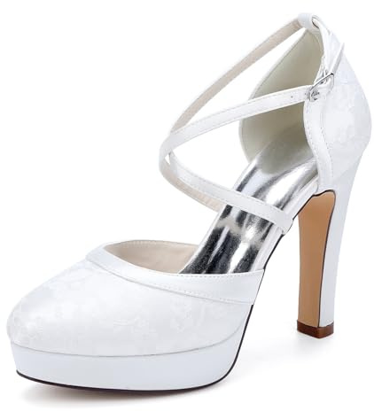 Donna Incrociate Cinturino alla Caviglia Vestito da Sposa Décolleté con Fibbia Punta Tonda Plateau Scarpe da Sposa Tacco A Blocco Alto Pizzo Scarpe da Ballo Festa Serale