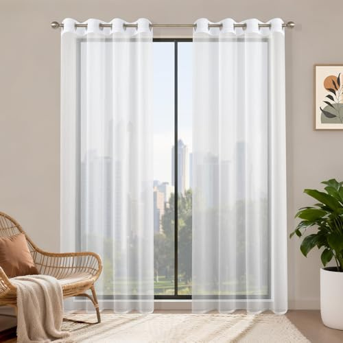 Runyéla Voile Gardinen mit Ösen 2er Set, H 200 x B 140 Stores Gardinen Weiß Transparent, Vorhänge Durchsichtig Weiss, Ösenvorhang Schlaufenschal für Schlafzimmer Wohnzimmer Küche Sheer Curtains