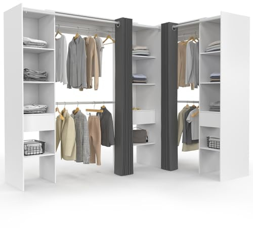IDMarket - MARLON 230 x 140 x 180 cm armadio angolare bianco con armadi + ripiani + tende grigie
