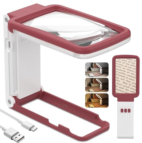 Coteck 15X Lupe mit Licht und Ständer, Echtglaslinse Leselupe, Wiederaufladbare, Faltbare Große Handlupe, 3 Farbmodi Dimmbare, Beleuchtete Seitenlupe für Senioren, Juwelier - Rot Weiß