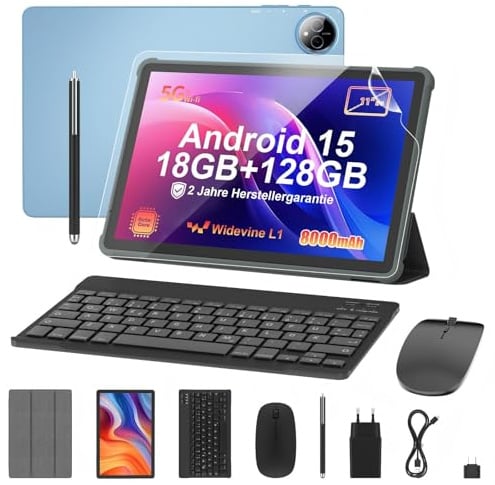 Tablet 11 Zoll mit Tastatur: Android 15 8000mAh Octa-Core 18GB+128GB 2TB TF Tablet PC - WiFi 6 BT 5.2 1280*800 FHD+IPS 13MP+5MP Kamera mit Maus, Usb C, Adapter, Hülle, OTG-Adapter, Stift, Schutzfolie