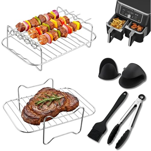10 Stück Heißluftfritteuse Zubehör, 304 Edelstahl Dual Airfryer Grillrost Heißluftfritteuse Gitter Stapelbare, Airfryer Zubehör für Dual Zone 7,6L–10,4L, Kompatibel mit Ninja