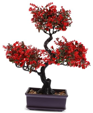NUOBESTY Artificial Bonsai Tree, Red Fake Plant in Pot, 14 Faux Bonsai Potted Plant Ornament, Japanese Zen Decor for Indoor Home Office Desk, Small Tabletop Realistic Greenery