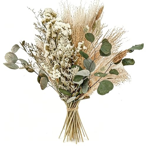 45 Getrocknete Blumen zum Basteln mit Pampasgras Eukalyptus 40cm Lang Wildblumen Trockenblumenstrauß für Hochzeit Tischdeko Boho Style Wohnzimmer Geburtstag Party Deko (Beige Grün, One Size)