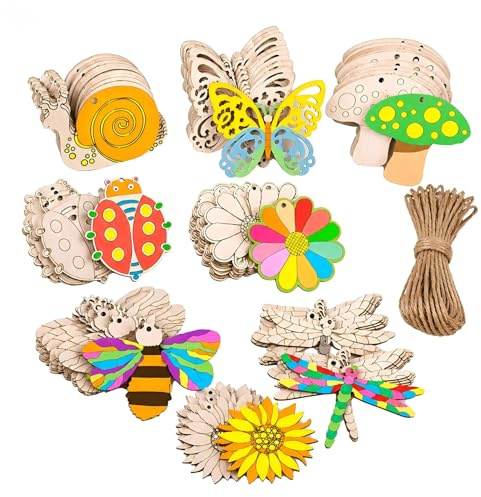 Mailfull 48 Stück Holzanhänger zum Bemalen Frühlingsdeko zum Aufhängen 8 Stile Holz zum Basteln mit Loch und Schnur für DIY Kinder Malen Handwerk Deko Kindergeburtstag