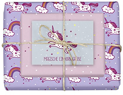 dabelino® Geschenkpapier Set Einhorn/Kinder-Geburtstag: 5x doppelseitige Bögen + 1x Postkarte | (Mädchen, rosa, lila, Recycling, Öko nachhaltig))
