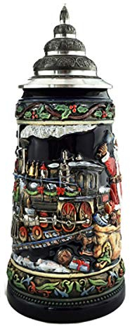KING Bierkrug 0,75 Liter Nikolaus Eisenbahn Bierseidel, blau, mit Deckel