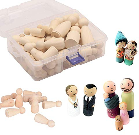 50 Stück Holzfiguren Puppen, Figuren Holzfiguren, Holzfiguren Mädchen Dekoration Kleine Holzfiguren zum DIY Holzfiguren Hochzeit Geburtstag Dekoration Bemalen Basteln Holz (Mit Transparenter Box)