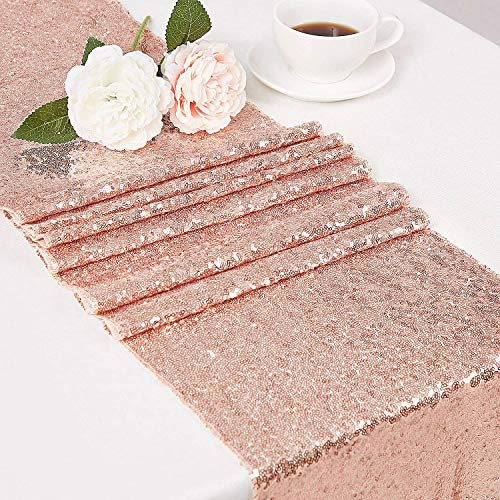 Chemin de Table Or Rose à Paillettes Glitter Chemin de Table Sequins Brillant pour Décoration de Mariage, Noel, Anniversaire, Banquet, Baptême, Partie 30x275cm (Or Rose, 1)