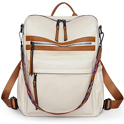 Damen-Rucksack, börse, modischer Designer-Damenrucksack, wandelbare Reise-Schultertasche mit buntem Riemen, WeiÃŸ (WeiÃŸ/Braun), Medium