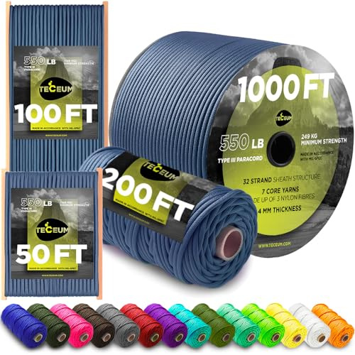 TECEUM Paracord Rope Type III 550 – Tactical MIL-SPEC – Outdoor Para Cord | Blue Oil, 305m, Clothesline, Camping Fishing Gear and Equipment, DIY, Parachute Cord 4mm, Strong Survival Utility Rope