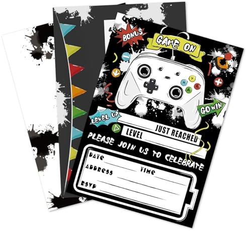 WERNNSAI Video Game Party Invitations - 20 PCS Gaming Invitations with Envelopes for Kids Boys Birthday Party Invited Cards Gaming Night Supplies