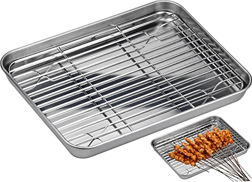 Wandefol Plaque à Patisserie + Grille de Refroidissement, 26,5 x 20 x 2,5 cm Plaque de Four Universelle en Acier Inoxydable Plaque de Cuisson Rectangulaire
