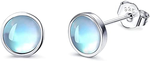 LOLIAS 6MM 925 Sterling Silber Ohrstecker Set für Damen Teens Massiv Silber Mondstein Ohrringe Hypoallergen Runde Edelstein Ohrstecker Geschenk Tochter Weihnachten Valentinstag