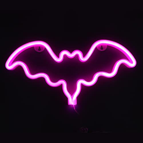 FILFEEL Leuchtreklame, Halloween Fledermaus Neonlicht Wandleuchte Wanddekor, USB oder Batteriebetrieb Fledermaus Leuchtreklame mit 2 Aufhängelöchern für Schlafzimmer Wohnzimmer Bar Party, Pink