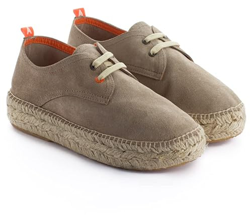 Alpargatas Mujer Plana Plataforma de Yute y Piel. Esparteñas Cordones Zapatillas Casual Verano Hecha a Mano en España Flexible Suave y Transpirable (Piedra, Numeric_40)