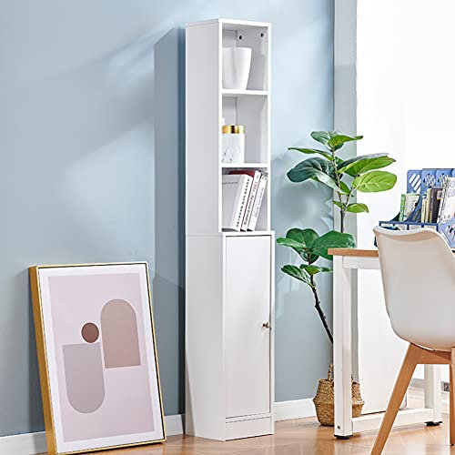 Menaka Tall Slim Bathroom Storage Cabinet White with Wood Shelves and Door, Corner Tallboy Cupboard Living Room Bookshelf Bookcase (162cm cabinet)
