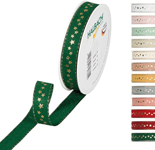 Halbach Seidenbänder Weihnachtsband 15 mm x 18 m Geschenkband für Weihnachten zum Einpacken von Geschenken, Schleifenband mit Sternen in Gold bedruckt und Lurexkanten, Farbe: Grün