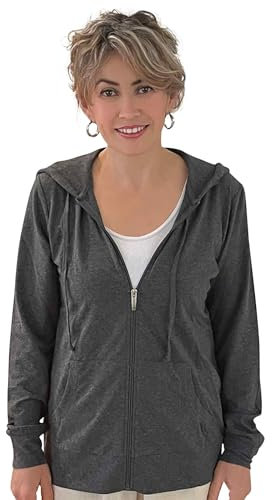 Women's Active Casual Thin Cotton Zip Up Hoodie Jacket, Charcoal Grey, XXXL
