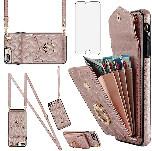 Asuwish Handyhülle für iPhone 7 Plus/8 Plus Hülle mit Band Folie Schutzfolie RFID Ring Ständer Kartenfach Klappbar Geldbörse i 7Plus 8Plus + 7+ 8+ Handy Hüllen Schutzhülle Damen Phone Case Roségold