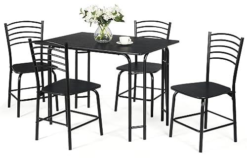 HOMASIS Juego de Comedor con 1 Mesa y 4 Sillas de Madera, Mesa de Cocina con Sillas, Mesa Rectangular, Silla Ergonómica con Respaldo, Muebles para Cocina, Restaurante, 107 x 70 x 75 cm, Negro