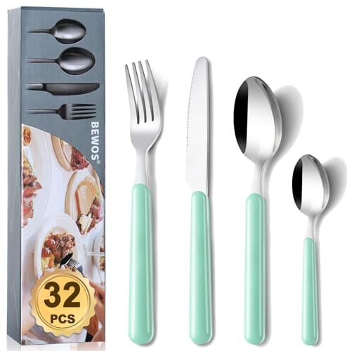 BEWOS 32 Piece Cutlery Set, Service for 8, Kitchen Cutlery Sets,Light Green Forks Knives and Spoons Set, Stainless Steel Flatware Serving Set for Home, Party