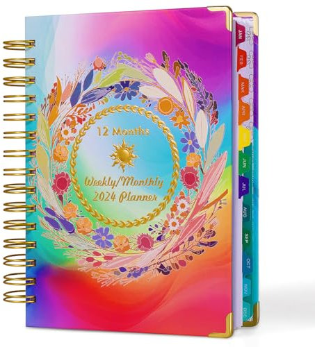 Clonynix Wochenplaner 2024, Januar – Dezember, monatlich und täglich, Hardcover, 15,2 x 20,3 cm, Regenbogen-Notizbuch, 248 Seiten, foliengeprägter Einband, bunte Monatsregister, globale Feiertage