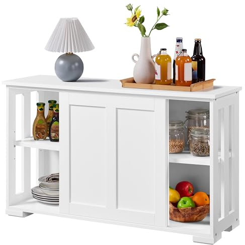 Yaheetech Armoire de cuisine avec espace de rangement et portes coulissantes - Table console - Buffet en bois - Armoire de cuisine sur pied - Armoire buffet - Meuble de cuisine - Blanc